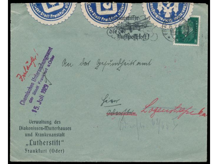 8 Pf. Ebert auf Ortsbrief an das Gesundheitsamt mit Maschinenstempel  Frankfurt / Oder  13.7.29, Absender "... Lutherstift ..