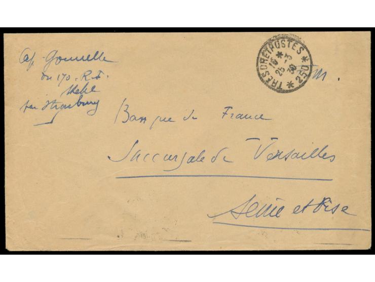 Französische Besetzung des Brückenkopfes Kehl:  Stempel  Tresor et Postes 250  25.3.30 auf Feldpostbrief nach Versailles, vor