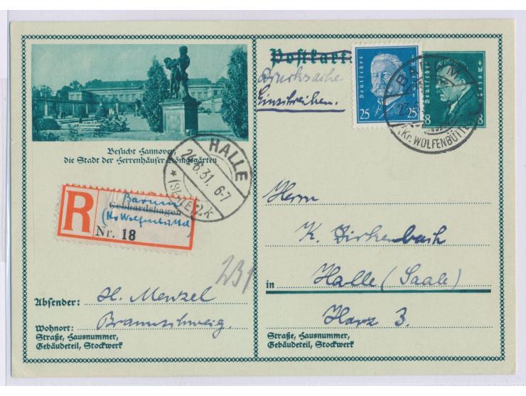 Bildganzsache 8 Pf. Ebert mit Zusatzfrankatur 25 Pf. Hindenburg als  Einschreiben-Drucksache  mit Stempel  Barum (Kr. Wolfenb