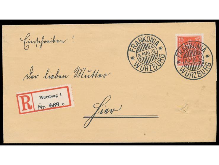 Streifband der Frankonia Schokoladenwerke Würzburg,  Postwurfsendung  mit Wiedergabe einer Phantasie-Briefmarke 15 Pfg. und S