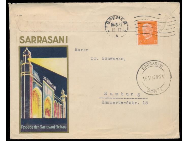 Reklameumschlag Sarrasani  mit umseitig ganzflächiger mehrfarbiger Abbildung "Im Zauber Sarrasani´s", Firmenstempel Sarrasani