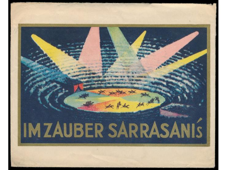 Reklameumschlag Sarrasani  mit umseitig ganzflächiger mehrfarbiger Abbildung "Im Zauber Sarrasani´s", Firmenstempel Sarrasani
