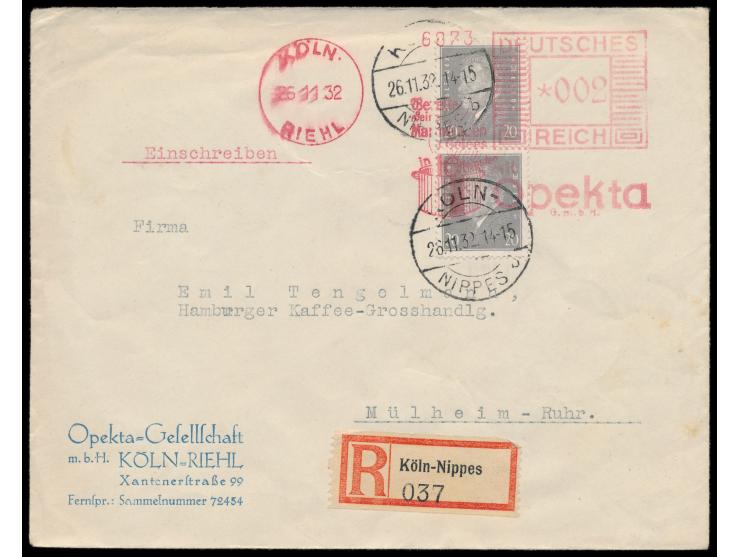 2 x 20 Pf. Ebert "grau" mit Absenderfreistempel  2 Pf. "Opekta" Köln-Riehl 26.11.32 vorausentwertet auf Einschreibbrief nach 