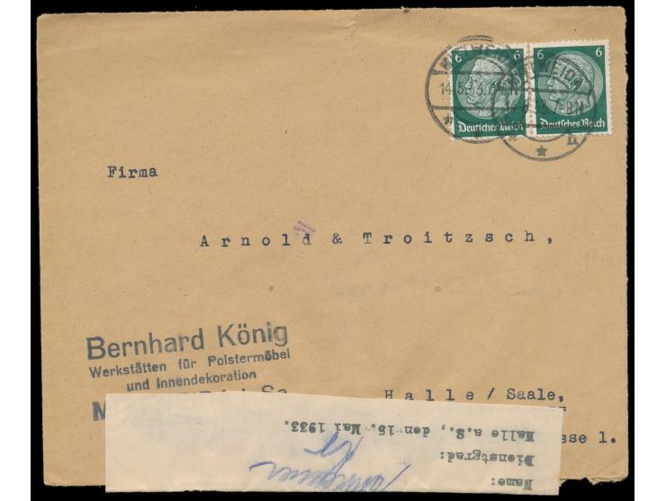 2x 6 Pfg. Hindenburg auf Firmenbrief an den Teppich- und Möbelhandel Arnold &amp; Troitzsch in Halle, Stempel Mittweida 14.5.