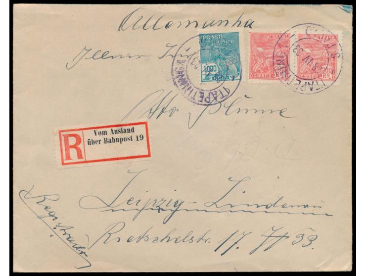 Brasilien  2 x 200 Reis und 1000 Reis auf Einschreibbrief mit Stempel  Itapetininga / S. Paulo  28.4.33 nach Leipzig, schwach