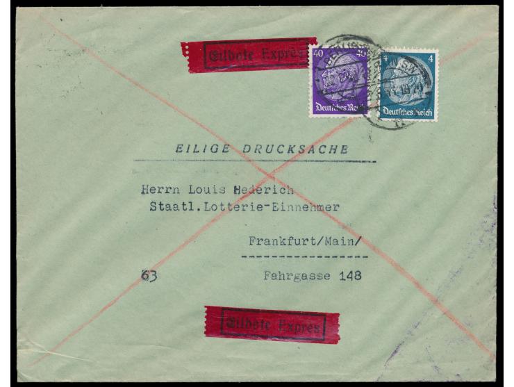 4 Pf. und 40 Pf. Hindenburg auf  Eilboten-Drucksache  mit Stempel Berlin SW 11 22.8.33 nach Frankfurt / Main, Ankunftstempel 