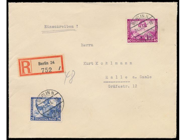 25 Pf. und  40 Pf. Wagner  auf überfrankiertem Einschreibbrief mit Stempel  Berlin N 24  24.11.33 nach Halle, Ankunftstempel 