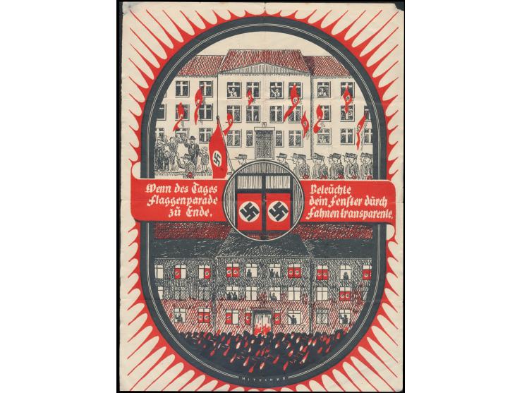 Propaganda-Faltblatt  (Format DIN A4)  "Wenn des Tages Flaggenparade zu Ende, Beleuchte dein Fenster durch Fahnentransparente