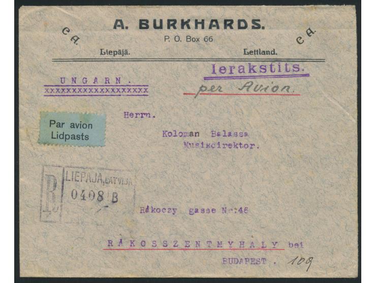 Luftpost-Einschreibbrief von Liepaja 19.5.28 nach Ungarn, rückseitig je drei Flugpostmarken zu 10, 15 und 25 S. (Gesamtfranka