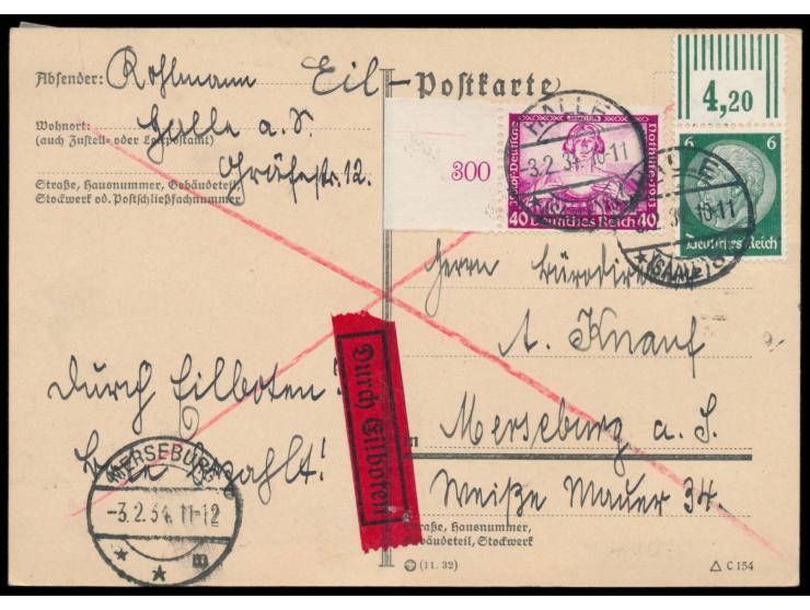 6 Pf. Hindenburg mit Walzendruck-Oberrand und  40 Pf. Wagner  mit Seitenrand auf Eilbotenkarte, Stempel Halle (Saale) 8 3.2.3