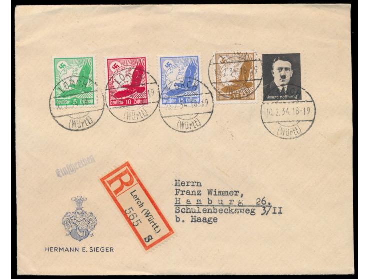 Einschreibbrief 2. Gewicht mit Flugpostmarken-Frankatur 55 Pf. und  Hitler-Vignette "Unsere Hoffnung" , Stempel  Lorch (Württ
