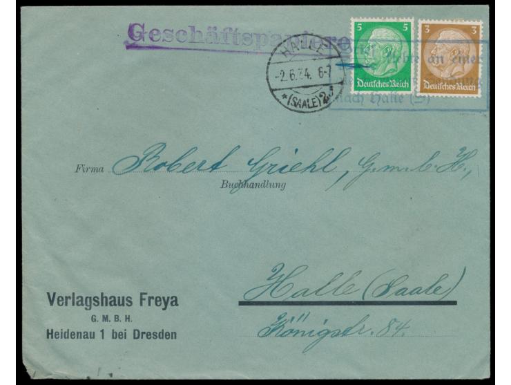 violetter R3 &nbsp;Brief / Karte klebte an einer gleichartigen Sendung nach Halle (S) &nbsp;als Entwertung auf Geschäftspapie