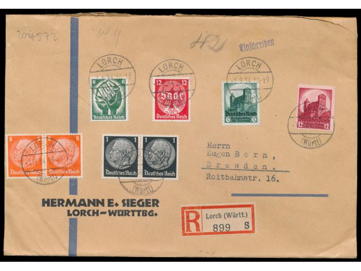 Reichsparteitag Nürnberg 6 Pf. und 12 Pf.  mit  Ersttagsstempel  Lorch 1.9.34 auf Einschreibbrief 2. Gewicht mit weiterer Fra