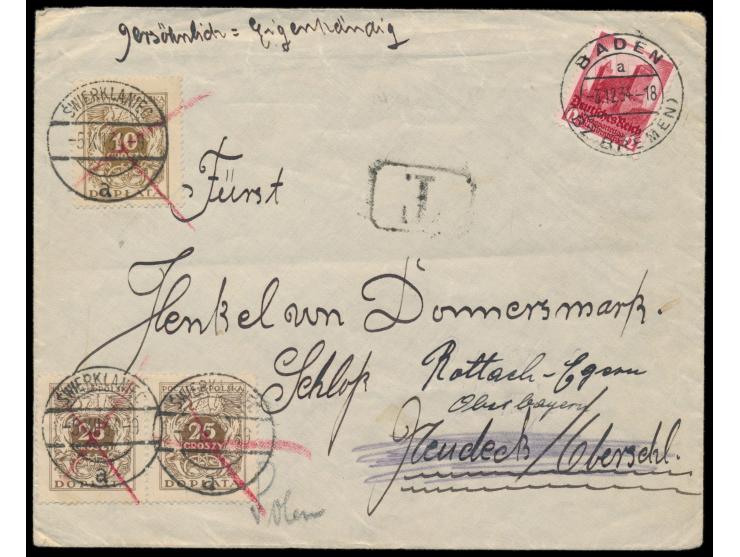 12 Pf. Reichsparteitag auf Brief mit Stempel  Baden (Bz. Bremen)  3.12.34 nach Neudeck / Oberschlesien (Polen), unterfrankier