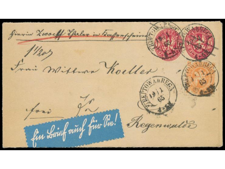 Massendrucksache  mit Nachdruck   eines Wertbriefes mit  Preußen-Frankatur  und Stempel Treptow a.d. Rega 19.1.65 nach Regenw