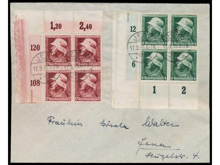 Heldengedenktag 1935 6 Pf. und 12 Pf. mit waagerechter Gummiriffelung,  2 Eck-Viererblöcke mit Rakelrändern,  links unten bei