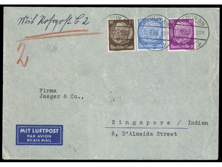 10, 20 und 40 Pfg. Hindenburg portorichtig auf  Luftpostbrief  nach Singapore, mit  Rohrpost  zum Flughafen,   Minutenstempel