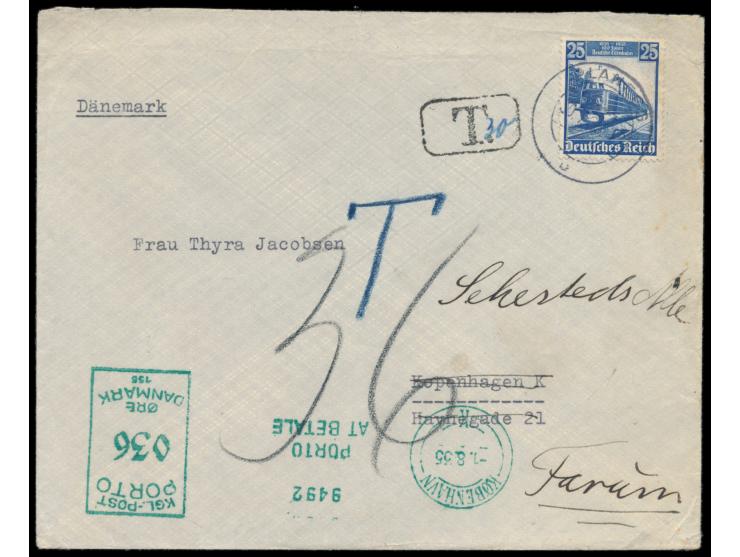 Einzelfrankatur 25 Pf. Eisenbahn auf Auslandsbrief 2. Gewicht mit Stempel  Planegg  30.7.35 nach Kopenhagen, T.-Stempel und N