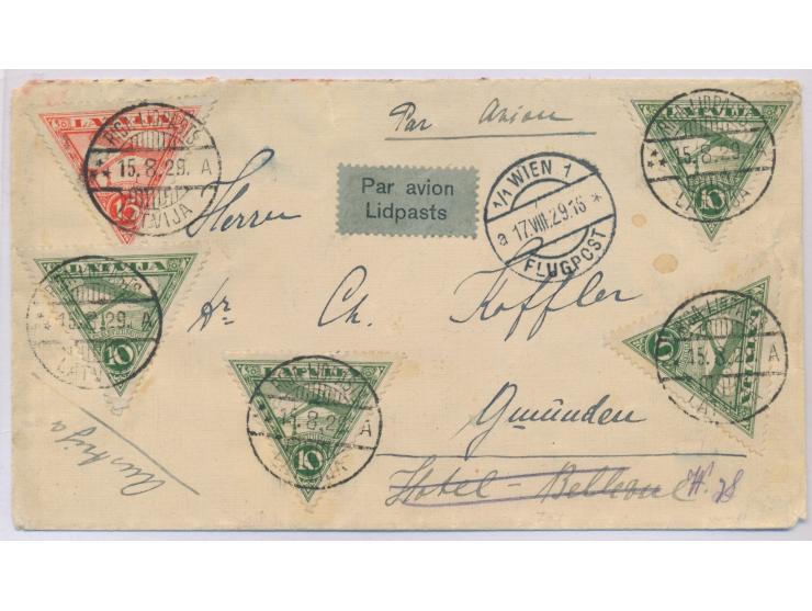 4 x 10 S. und 1 x 15 S. Flugpost auf  Luftpostbrief  mit Stempel Riga-Lidspasts 15.8.29 nach Österreich, Durchgangsstempel Be