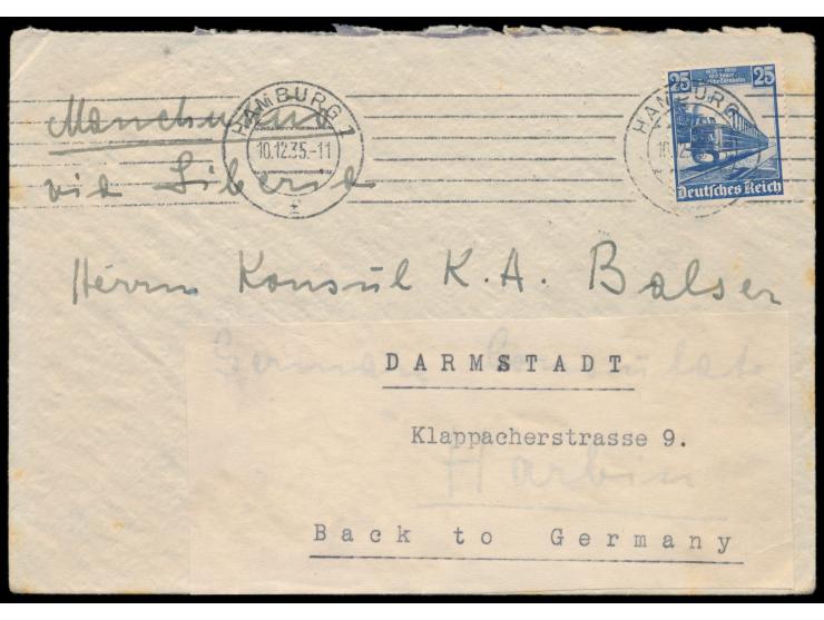 Einzelfrankatur 25 Pf. Eisenbahn (kleine Zahnfehler) auf Auslandsbrief  nach Mandschukuo,  Empfänger Konsul K. A. Balser, Mas