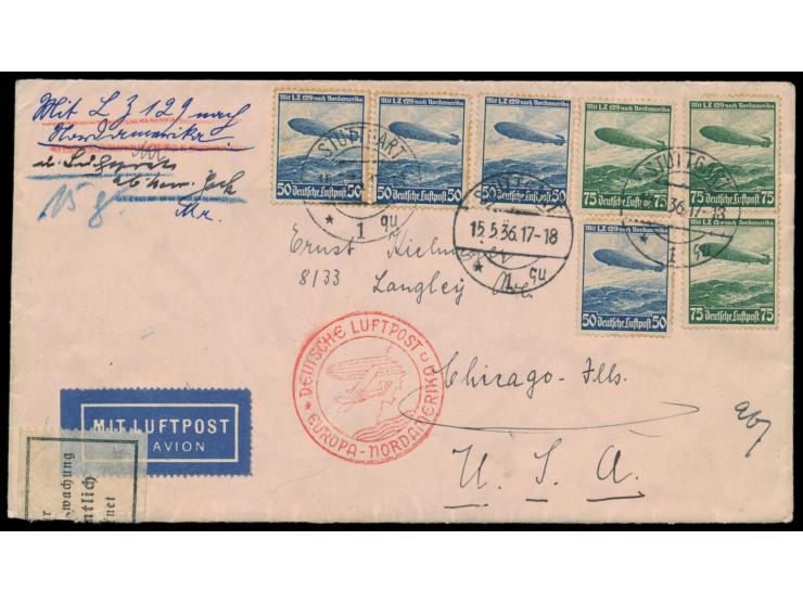 4 x 50 Pf. und 3 x 75 Pf. Zeppelin auf Luftpostbrief 15 gr mit Stempel Stuttgart 1 15.5.36 nach USA, rückseitig Devisenkontro