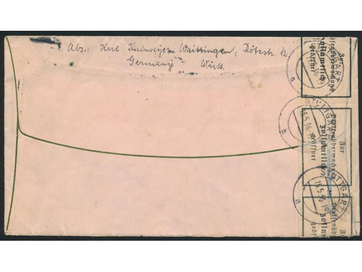 4 x 50 Pf. und 3 x 75 Pf. Zeppelin auf Luftpostbrief 15 gr mit Stempel Stuttgart 1 15.5.36 nach USA, rückseitig Devisenkontro