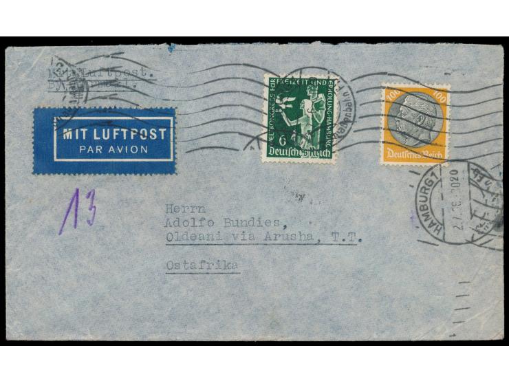 Handrollstempel  Hamburg 1 Straßenbahn Fb  2.7.36 Luftpostbrief (Gewicht 13 g) nach Tanganjika / Ostafrika, Frankatur 106 Pf.