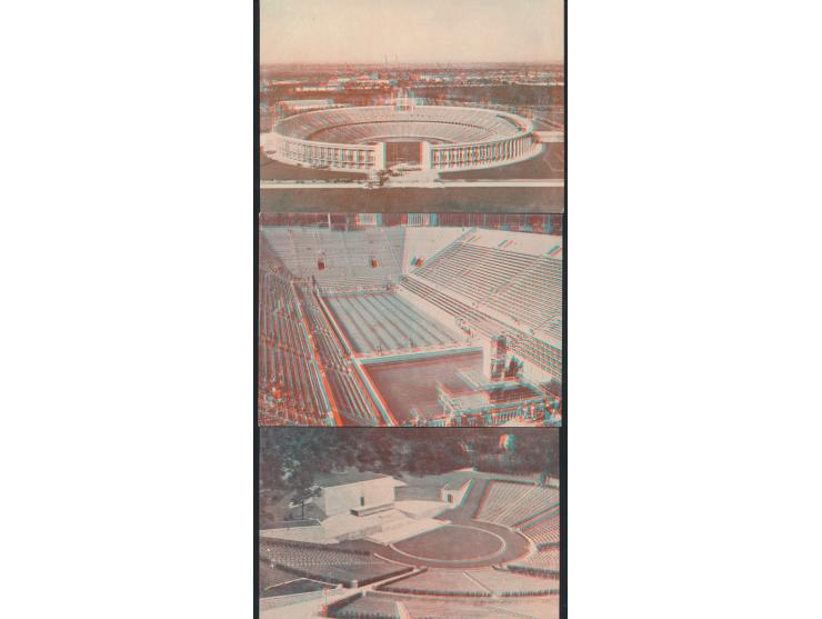 Olympiade 1936, 3 Plastoreoskop - Karten  Serie I, Olympiator, Stadion mit Glockenturm, Stadion vom Glockenturm aus, mit Bril