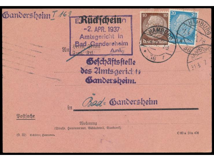 Rückschein  mit verklebter Rückscheingebühr 30 Pf.: 10 Pf. und 20 Pf. Hindenburg, Stempel  Hamburg 36  1.4.37, an das Amtsger