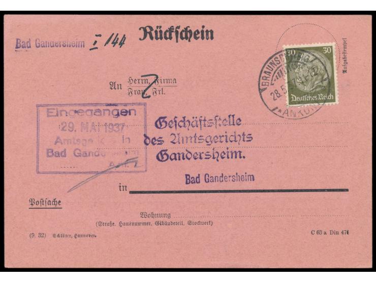 Rückschein  mit verklebter Rückscheingebühr, Einzelfrankatur 30 Pf. Hindenburg, Stempel  Braunschweig Ankunft  28.5.37, an da