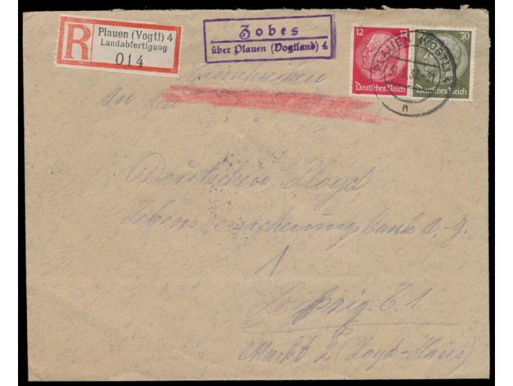 Einschreibbrief mit PSt II-Stempel Zobes über Plauen (Vogtland) 4 und Stempel Plauen (Vogtl) 4 31.5.37, R-Zettel mit Zusatz "