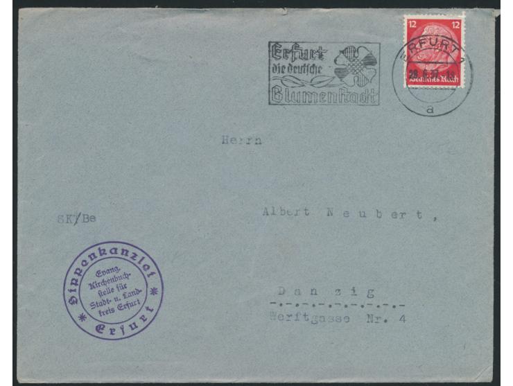 12 Pfg. Hindenburg auf Brief nach Danzig, Maschinenstempel Erfurt 28.6.37, Absenderstempel  Sippenkanzlei Erfurt evang. Kirch