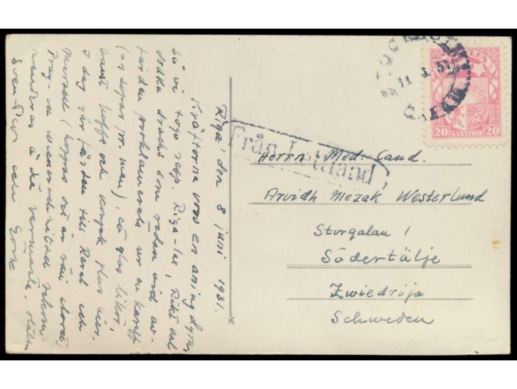 20 S. auf Ansichtskarte Riga nach Schweden, Stempel  Stockholm  11.6.31 und R1  Fran Lettland,  Bedarf
Stichwörter: Schweden,