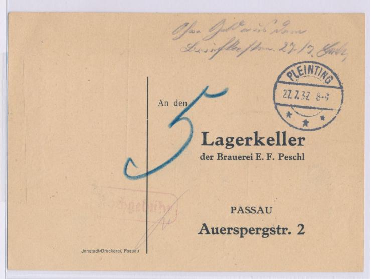 unfrankierte Antwortkarte zum Drucksachentarif nach Passau, handschriftlicher Vermerk  "Ohne Geld aus dem Briefkasten ..." , 