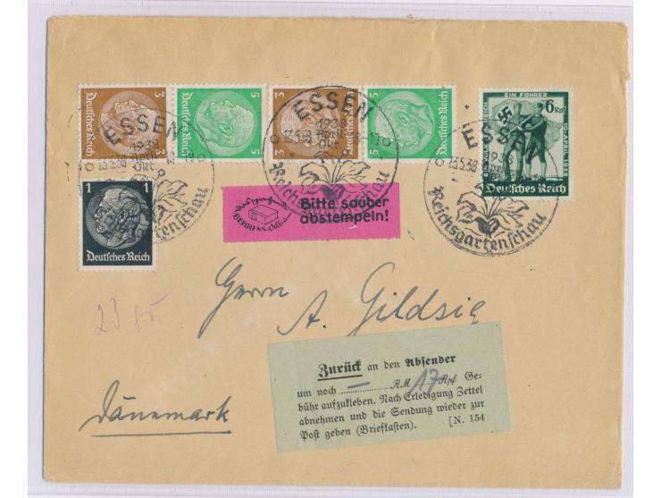 Auslandsbrief 2. Gewicht mit Sonderstempel Essen Reichsgartenschau 13.5.38 nach Dänemark, um 17 Pf. unterfrankiert, grüner Au
