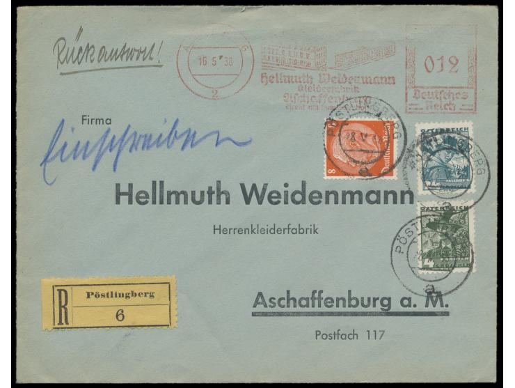 Ostmark:  Österreich-Volkstrachten 4 g und 24 g mit 8 Pf. Hindenburg (= 12 g) als österreichische Rekogebühr  40 g auf mit  A