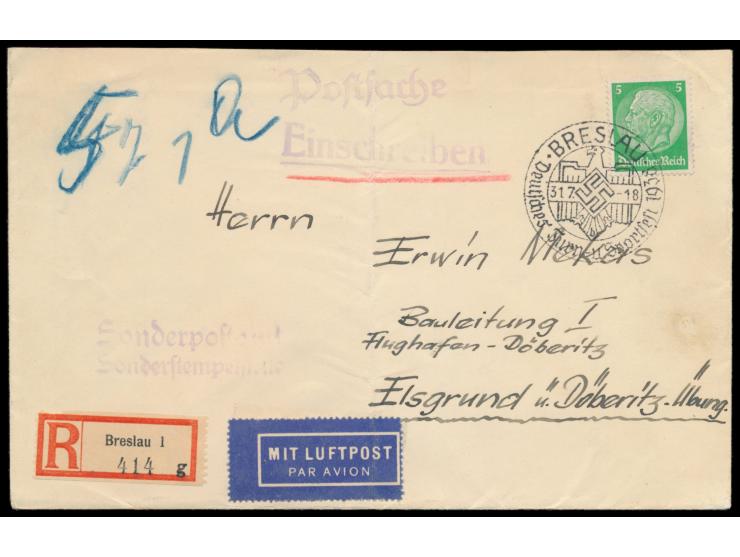 Einzelfrankatur 5 Pf. Hindenburg auf  Luftpost-Einschreiben-Brief  als portofreie   Postsache, Sonderstempel  Breslau  Deutsc