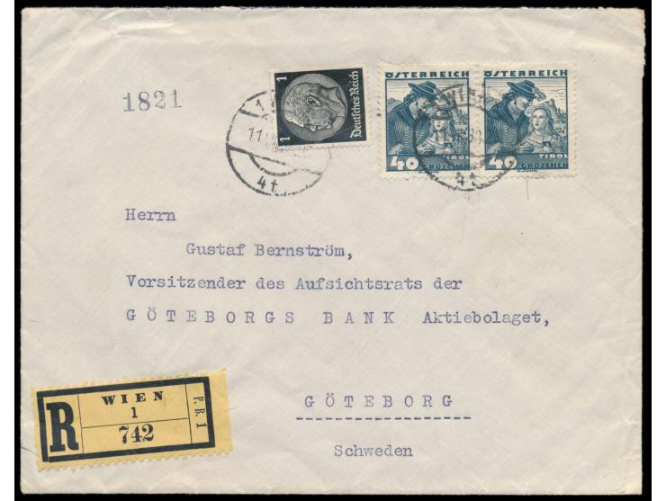 Ostmark,  2 x Österreich-Volkstrachten 40 g. (als 27 Pf.) und 1 Pf. Hindenburg auf Auslands-R-Brief mit Stempel Wien 11.8.38 