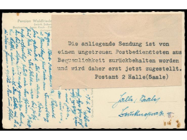 6 Pf. Hindenburg auf Ansichtskarte mit Stempel  Baiersbronn  17.6.39 nach Halle,  Aufkleber wegen Verzögerung  mit hektografi