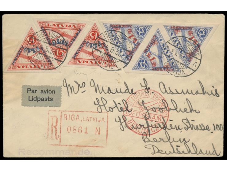 "Aizsargi I"  3 x 15 S. und 3 x 25 S. ungezähnt auf  Luftpost-Einschreibbrief  mit Stempel Riga-Lidpasts 24.5.33 nach Berlin,