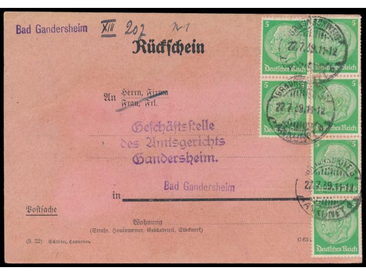 Rückschein  mit verklebter Rückscheingebühr 30 Pf.: 6 x 5 Pf. Hindenburg, Stempel  Braunschweig Ankunft  22.7.39, an das Amts