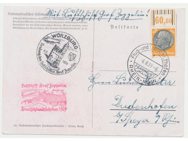 100 Pf. Hindenburg mit Oberrand  (Feld 6) auf Propagandakarte "Sudetendeutsches Hilfswerk" als  Zeppelinpost  "Deutschlandfah
