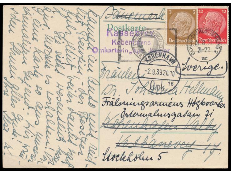 3 und 12 Pfg. Hindenburg auf Auslandskarte Berlin 31.8.39 nach Kopenhagen in Dänemark,, letzter &nbsp;Friedenstag, &nbsp;&nbs