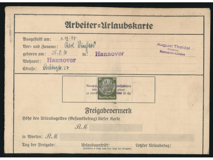 Arbeiter-Urlaubskarte für den Zeitraum 1. Oktober 1937 bis 14. Januar 1938, rückseitig 42 Arbeiter-Urlaubsmarken (mehrfach se