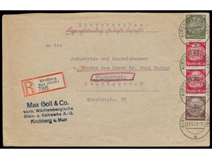 Einschreibbrief 2. Gewicht  "eigenhändig",  Darstellungsfrankatur 64 Pf. (2 x 12 + 30 + 10 Pf.), Stempel  Kirchberg (Murr)  2