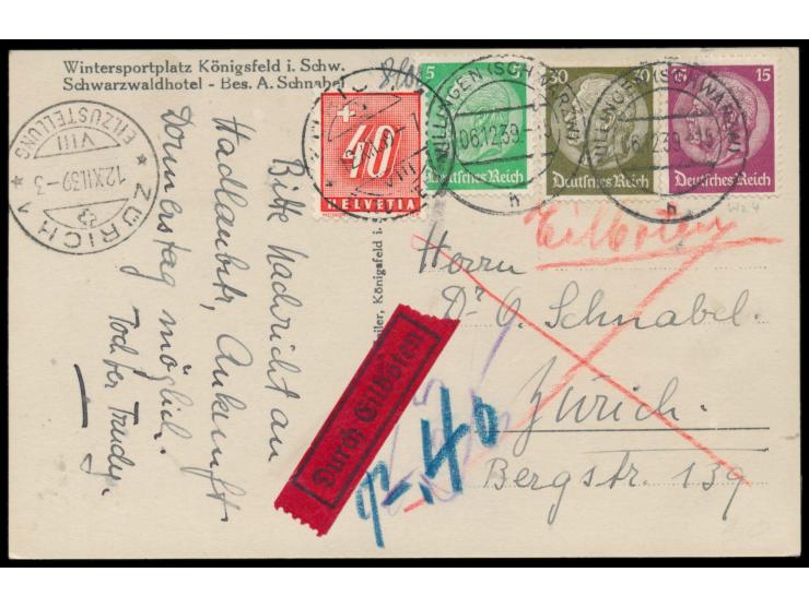 5, 15 und 30 Pf. Hindenburg auf Auslands-Express-Karte mit Stempel  Villingen (Schwarzw)  6.12.39 nach Zürich, unterfrankiert