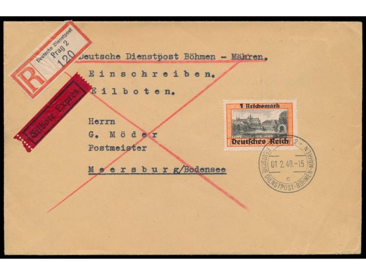 Einzelfrankatur 1 RM Danzig-Abschied (dünnes Papier) auf  Eilboten-Einschreibbrief 2. Gewicht  mit Stempel  Prag 2 DDP Böhmen