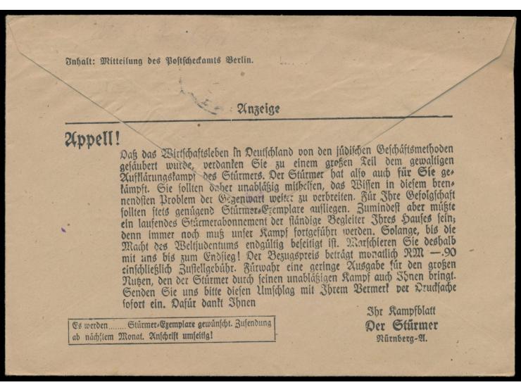 Umschlag des Postscheckamts Berlin zum Versand der Kontoauszüge (Postsache), rückseitig gedruckte Anzeige der NS-Zeitschrift 