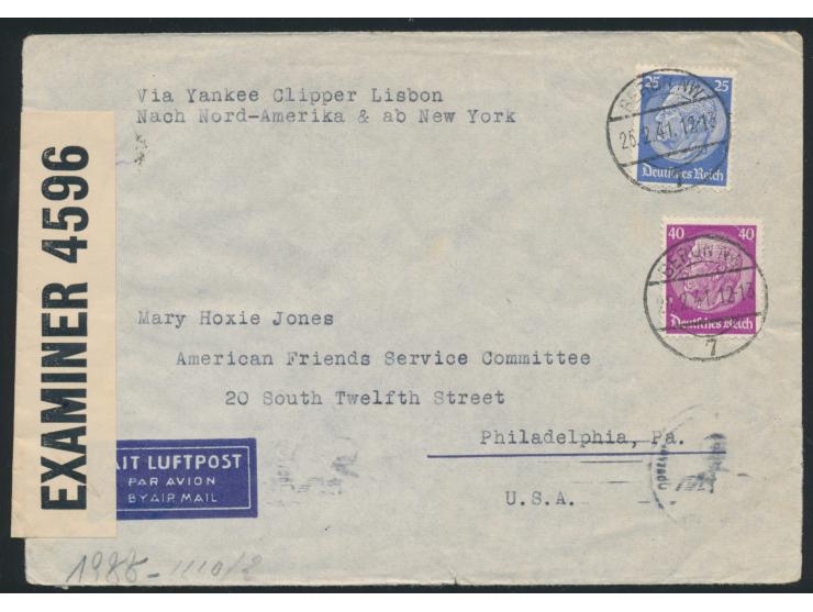 Luftpostbrief nach USA, Frankatur 65 Pf., Stempel Berlin NW 7 25.2.41, rückseitig Absendereindruck  "The Society of Friends -