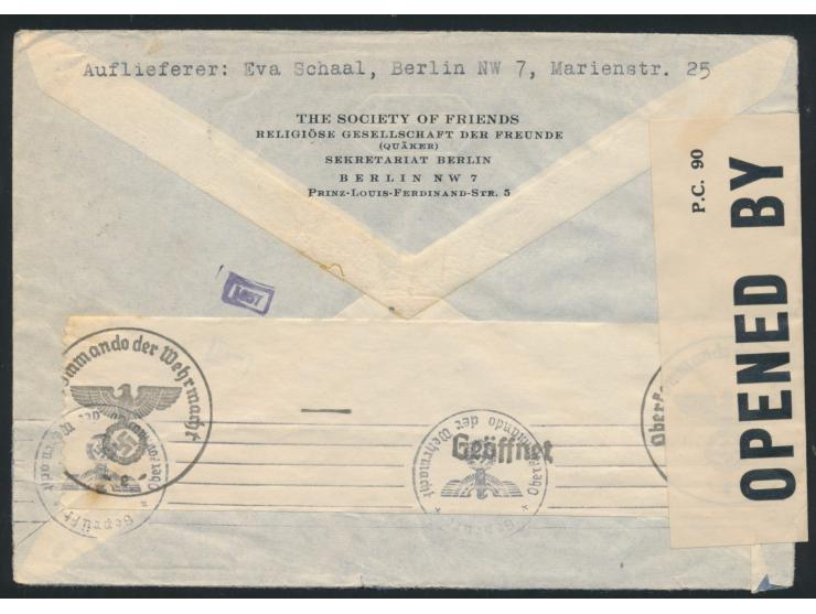 Luftpostbrief nach USA, Frankatur 65 Pf., Stempel Berlin NW 7 25.2.41, rückseitig Absendereindruck  "The Society of Friends -